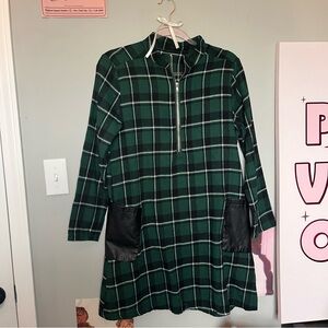 Green and black plaid dress with pleather pockets